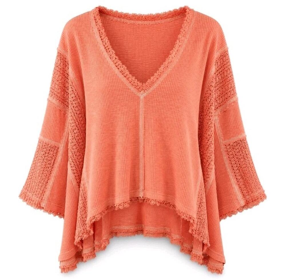 POL Womens Medium Coral Lace Inset Oversized Boho Tunic Top Bell Sleeve